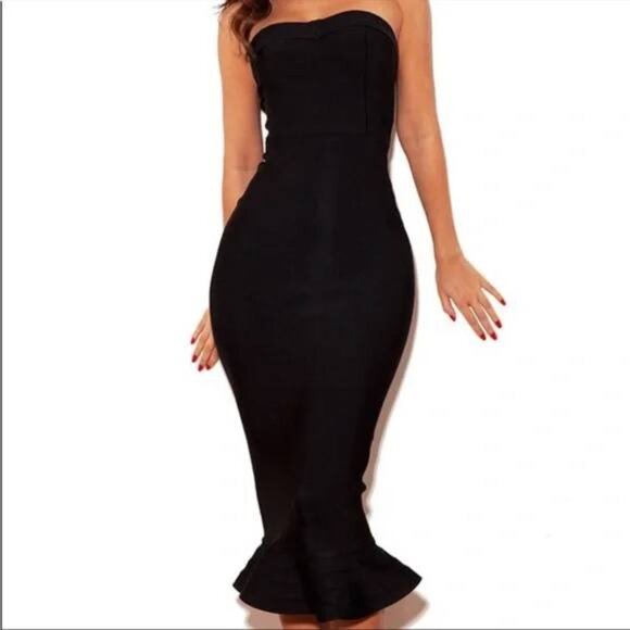 House of CB Fabrizia Bandage Strapless Fluted-Hem Dress in Black - Picture 3 of 10